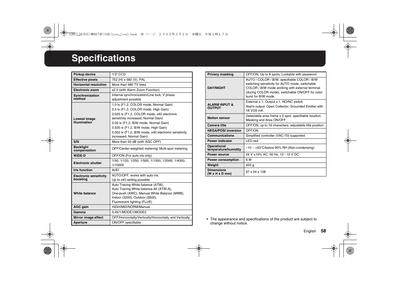 Specifications | Sanyo VCC-WD8575P User Manual | Page 59 / 60
