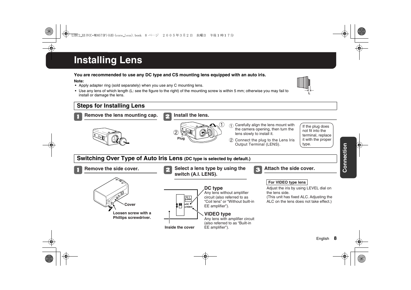 Installing lens | Sanyo VCC-WD8575P User Manual | Page 9 / 60