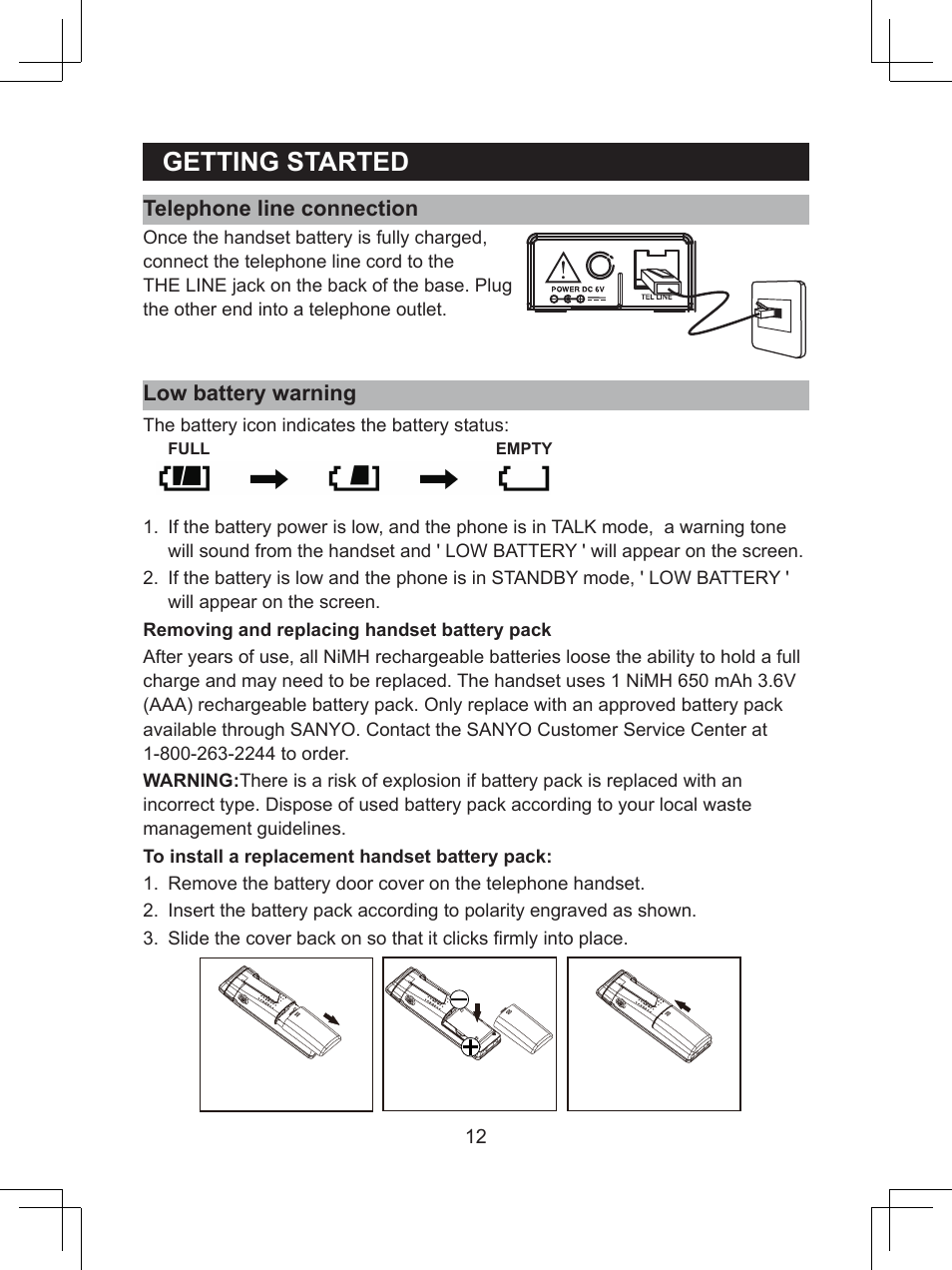 Getting.started, Telephone.line.connection, Low.battery.warning | Sanyo CLT-D6614 User Manual | Page 12 / 43