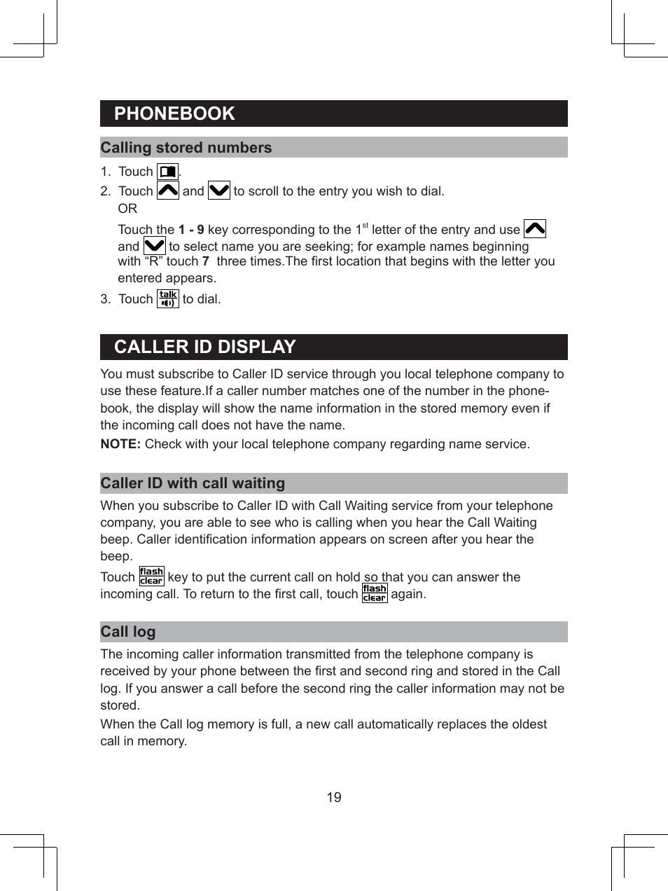 Phonebook caller.id.display | Sanyo CLT-D6614 User Manual | Page 19 / 43