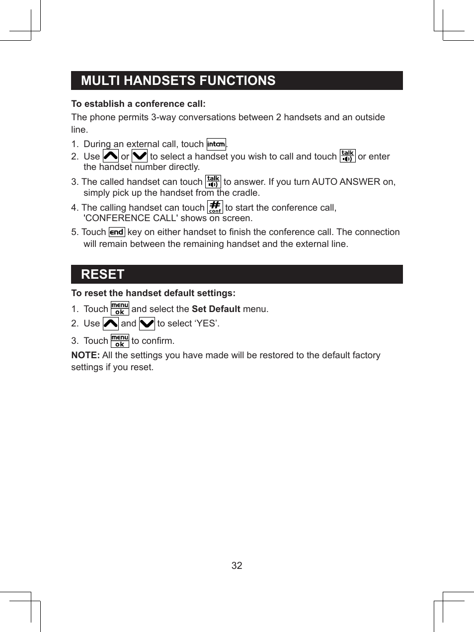 Multi.handsets.functions, Reset | Sanyo CLT-D6614 User Manual | Page 32 / 43