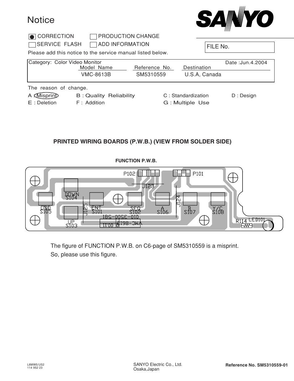 Vmc8613b, Correction notice(sm5310559-01), Notice | Sanyo VMC-8613B User Manual | Page 2 / 23