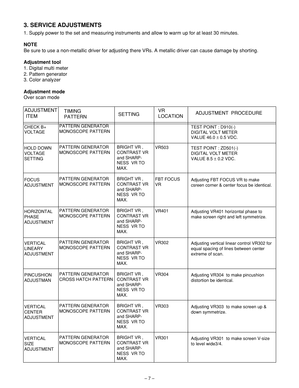 Service adjustments | Sanyo VMC-8613B User Manual | Page 8 / 23