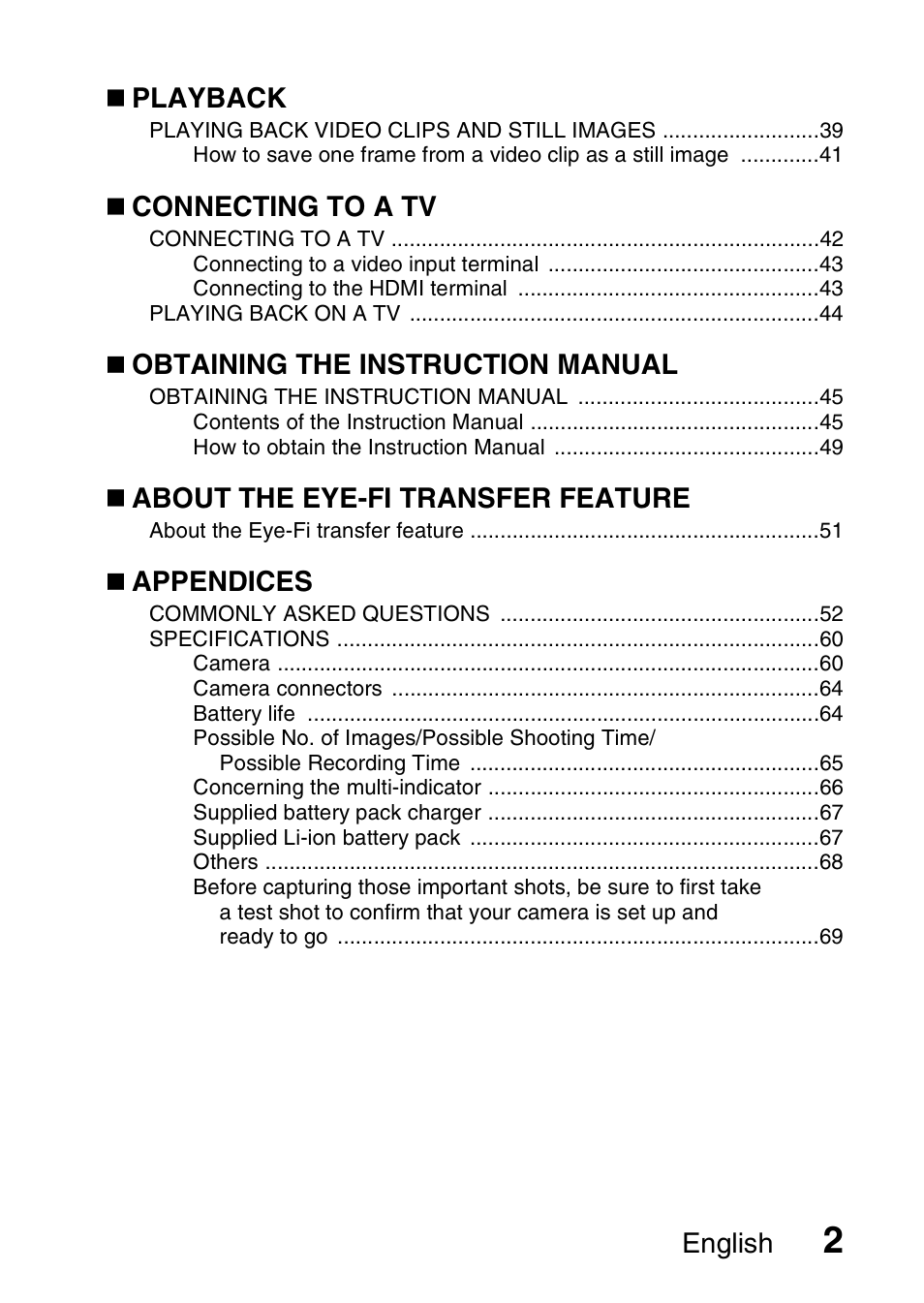 English, Playback, Connecting to a tv | Obtaining the instruction manual, About the eye-fi transfer feature, Appendices | Sanyo VPC-GH1EX User Manual | Page 11 / 79