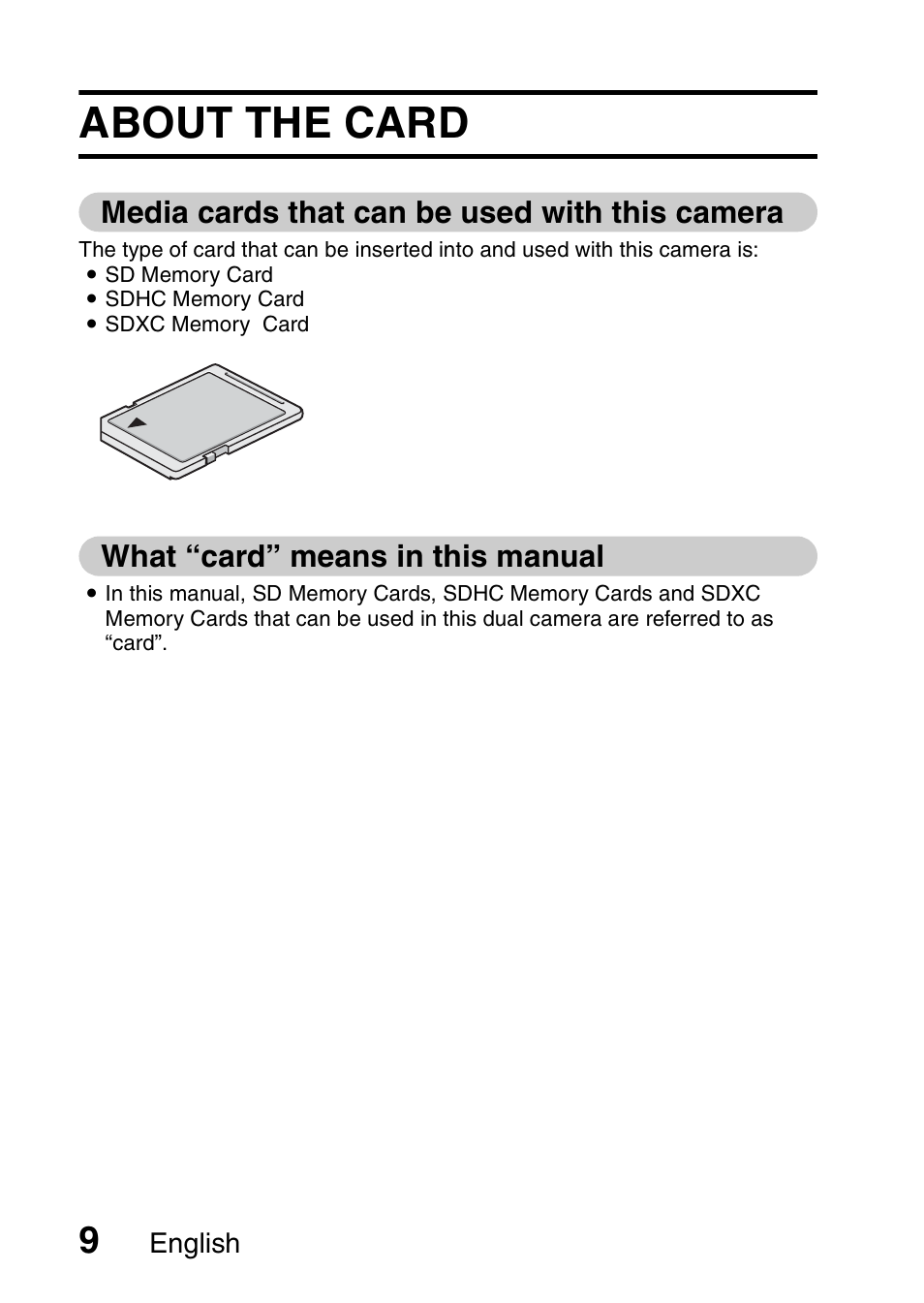 About the card, Media cards that can be used with this camera, What “card” means in this manual | Sanyo VPC-GH1EX User Manual | Page 18 / 79