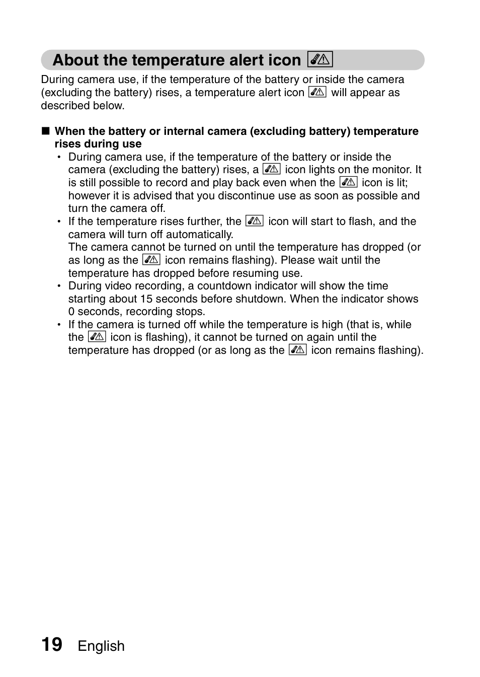About the temperature alert icon, English | Sanyo VPC-GH1EX User Manual | Page 28 / 79