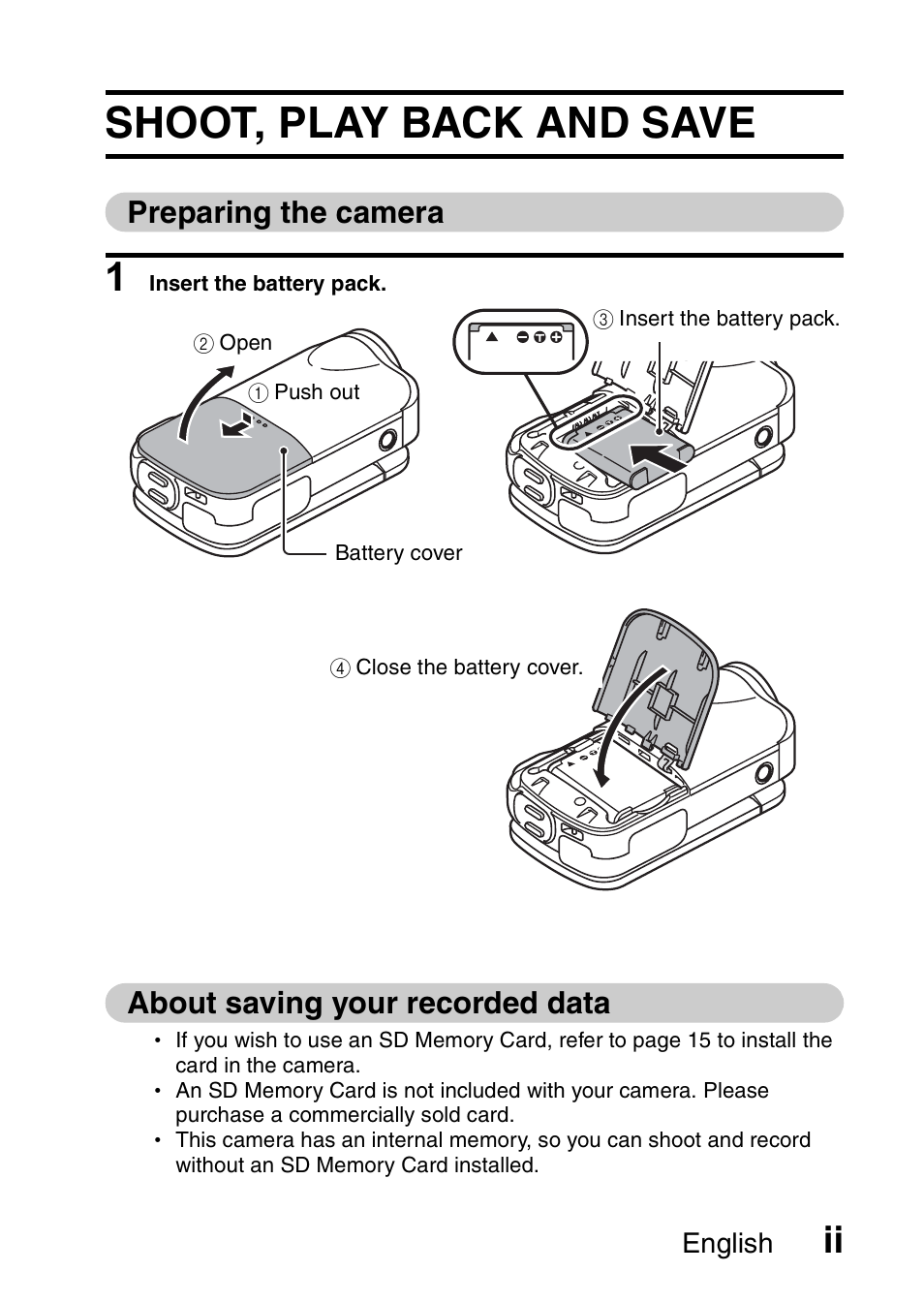 Shoot, play back and save, Preparing the camera, About saving your recorded data | Sanyo VPC-GH1EX User Manual | Page 3 / 79