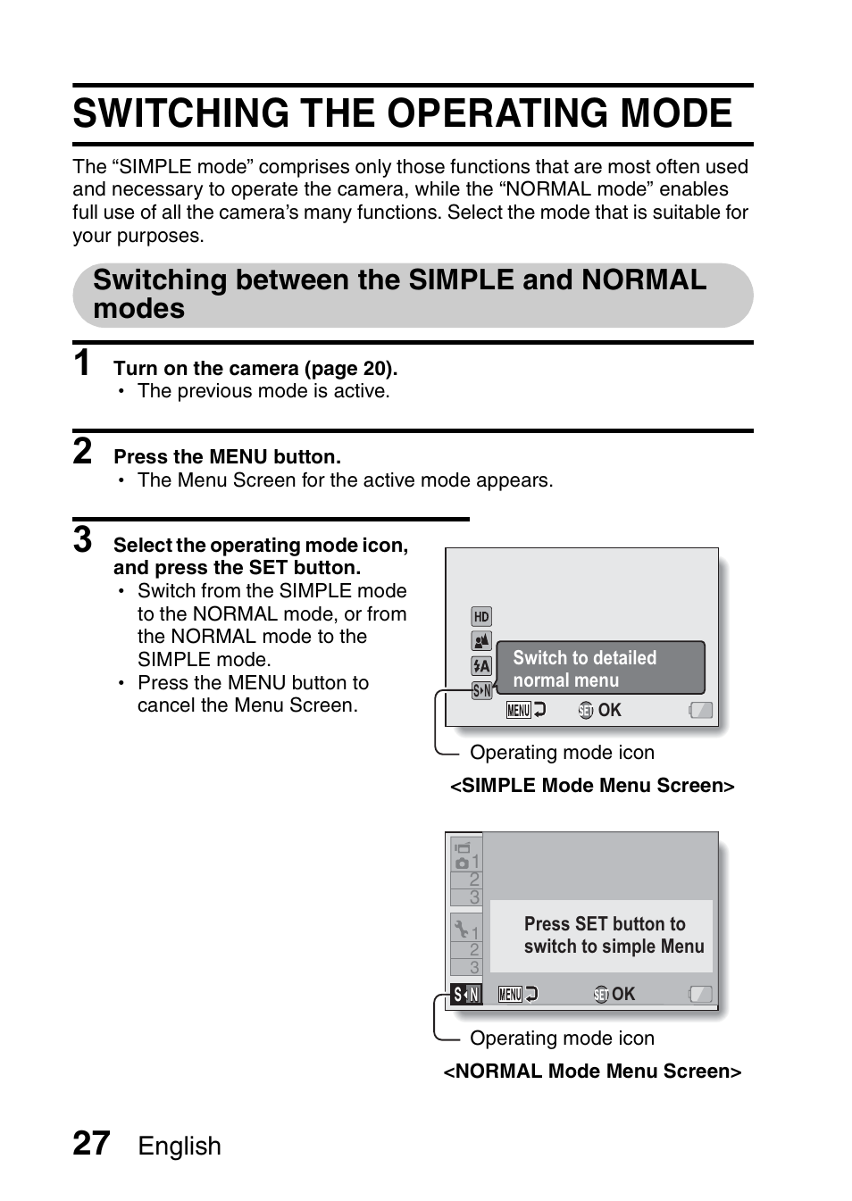 Switching the operating mode, Switching between the simple and normal modes, English | Sanyo VPC-GH1EX User Manual | Page 36 / 79