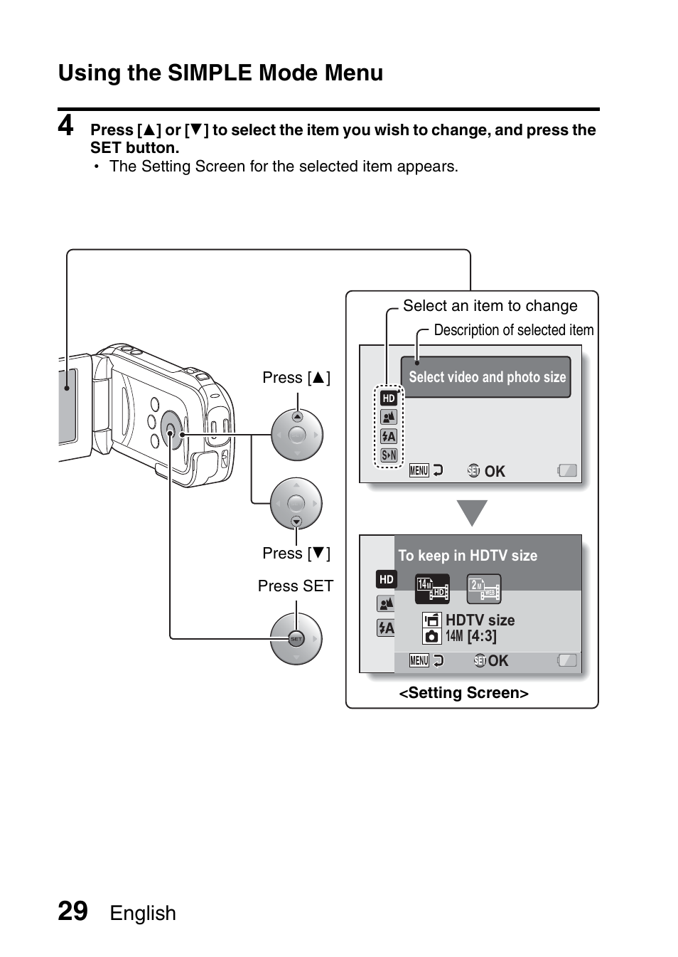 Using the simple mode menu, English | Sanyo VPC-GH1EX User Manual | Page 38 / 79