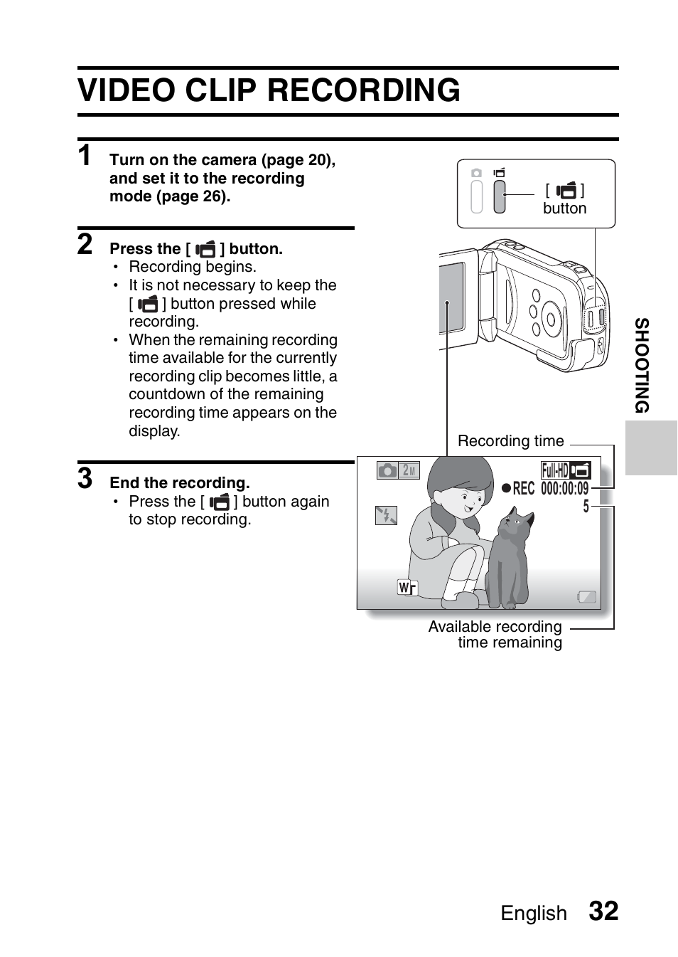 Shooting, Video clip recording, English | Sanyo VPC-GH1EX User Manual | Page 41 / 79