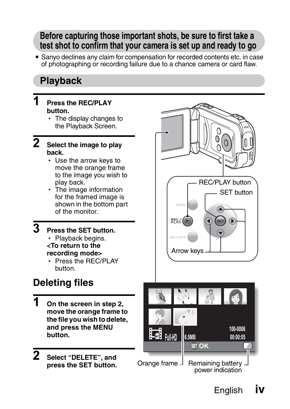 Playback, Deleting files, Full-hd | Sanyo VPC-GH1EX User Manual | Page 5 / 79