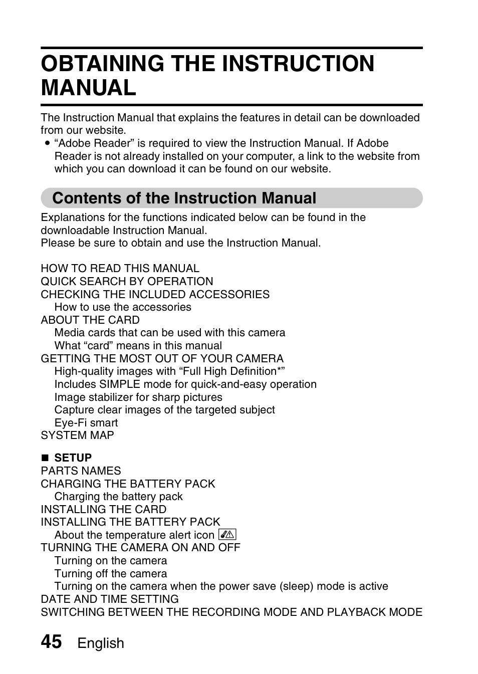 Obtaining the instruction manual, Contents of the instruction manual, English | Sanyo VPC-GH1EX User Manual | Page 54 / 79