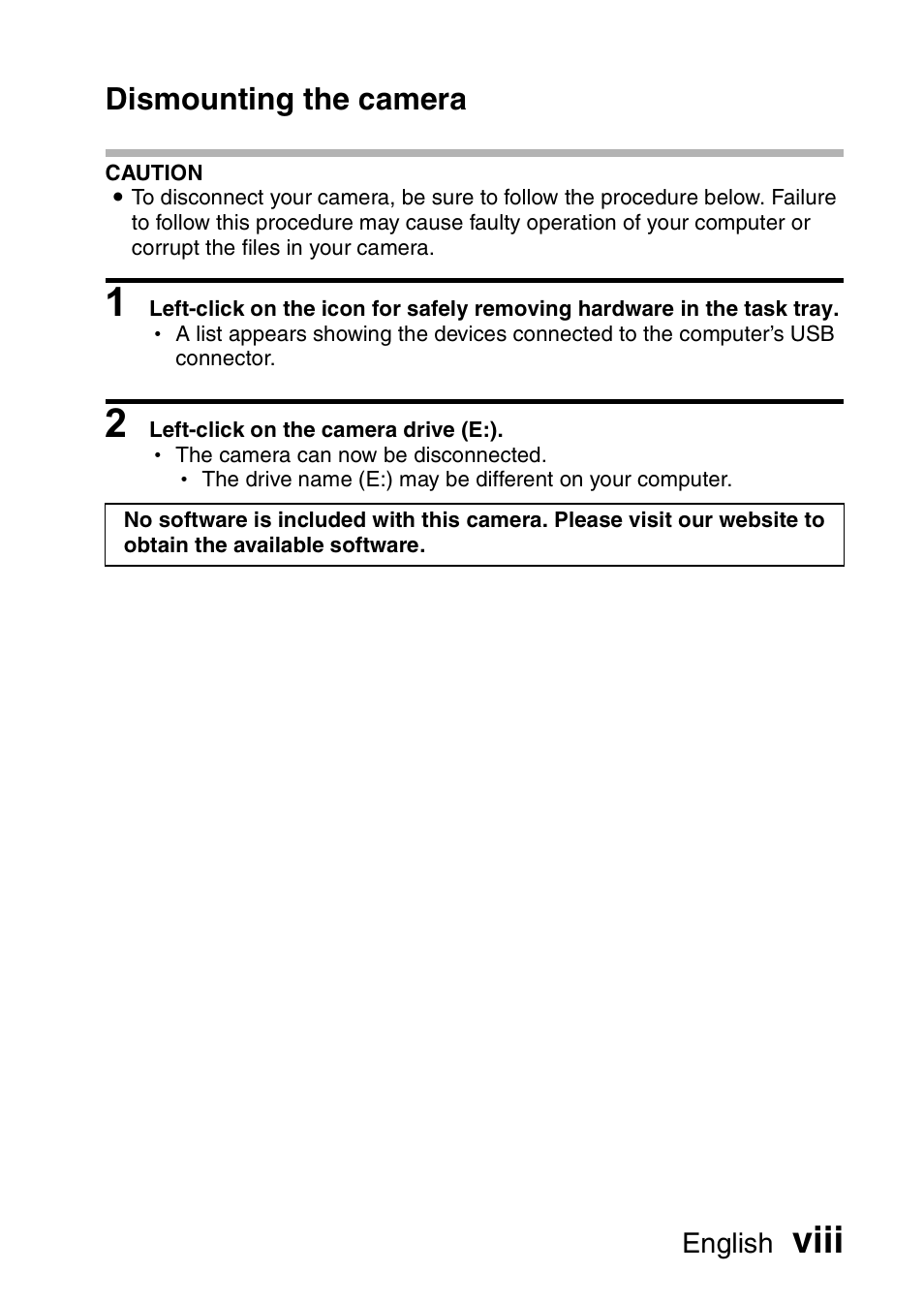 Viii, Dismounting the camera | Sanyo VPC-GH1EX User Manual | Page 9 / 79