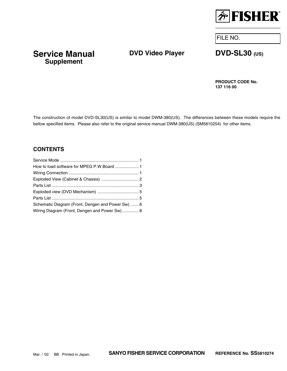 Sanyo DVD-SL30 User Manual | 8 pages