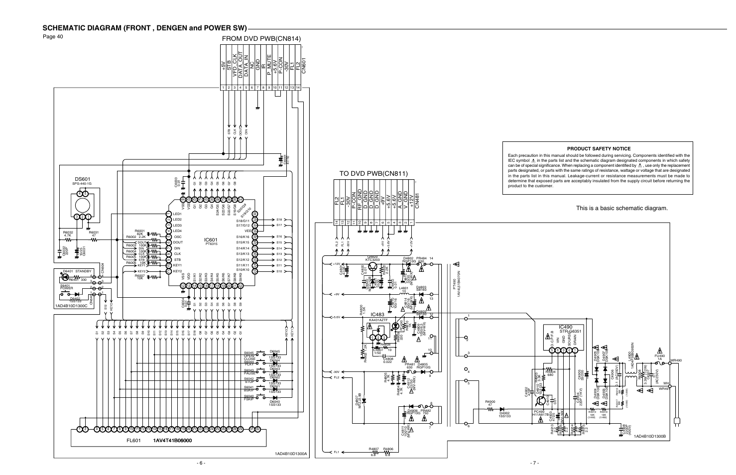 Schematic diagram (front, dengen and power sw), Schematic diagram (front , dengen and power sw), This is a basic schematic diagram | Page 40, Cn601, Ds601, Ic601, Ic490, Ic483, Product safety notice | Sanyo DVD-SL30 User Manual | Page 7 / 8