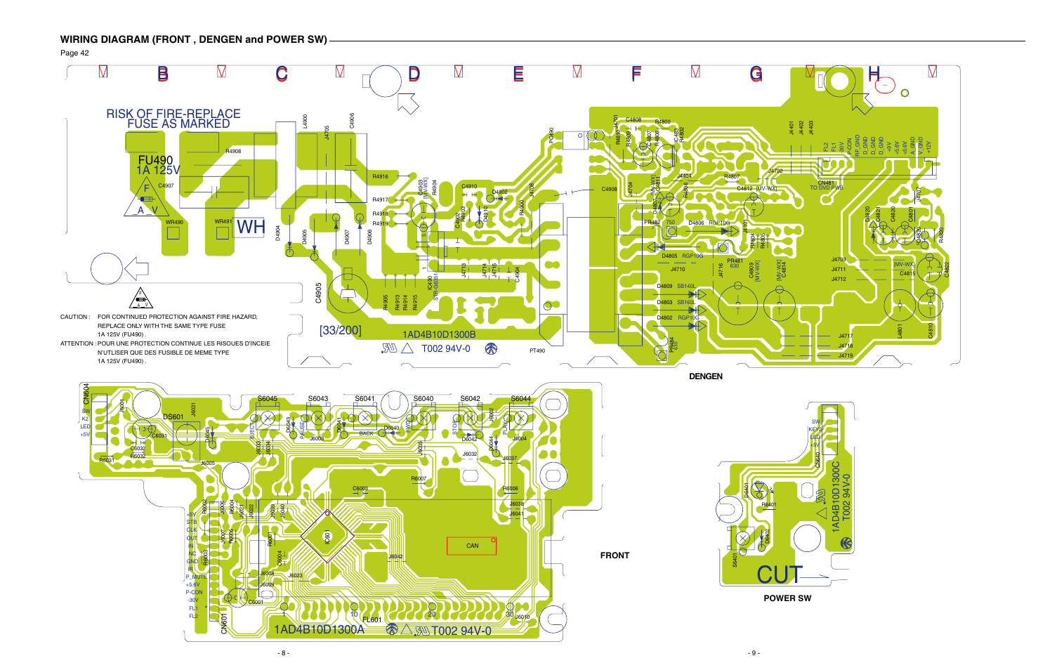 Wiring diagram (front, dengen and power sw), Risk of fire-replace fuse as marked 1a 125v, Fu490 | Wiring diagram (front , dengen and power sw), A _v f | Sanyo DVD-SL30 User Manual | Page 8 / 8