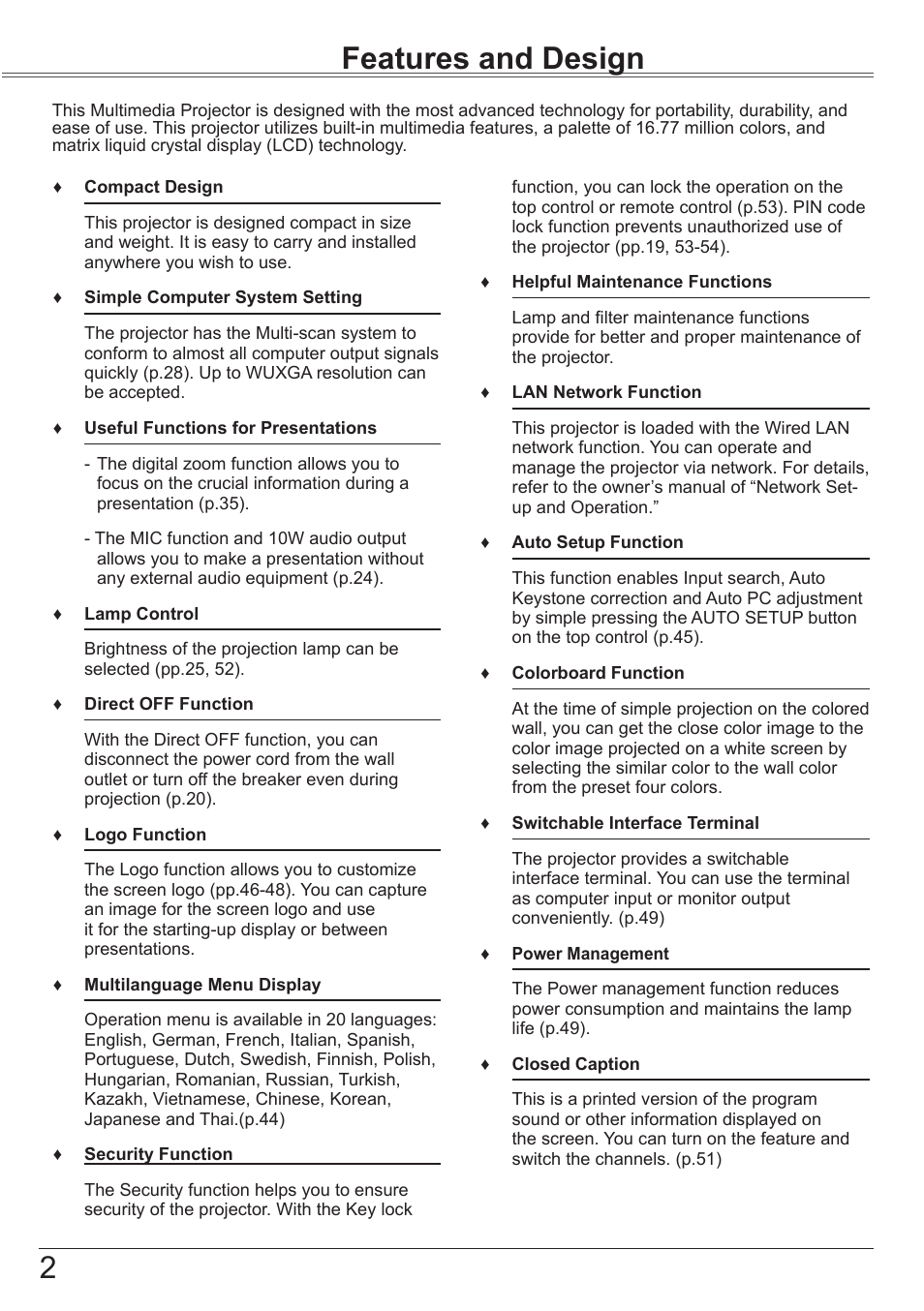 Features and design | Sanyo PLC-XK3010 User Manual | Page 2 / 77