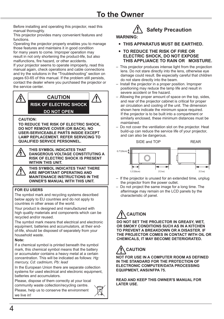 To the owner, 4to the owner, Safety precaution | Caution | Sanyo PLC-XK3010 User Manual | Page 4 / 77