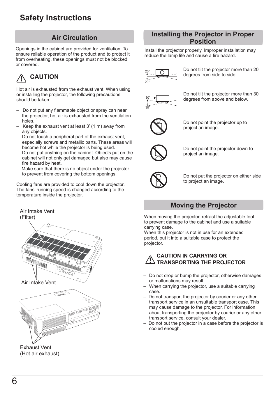 Air circulation, Installing the projector in proper position, Moving the projector | Safety instructions, Caution | Sanyo PLC-XK3010 User Manual | Page 6 / 77