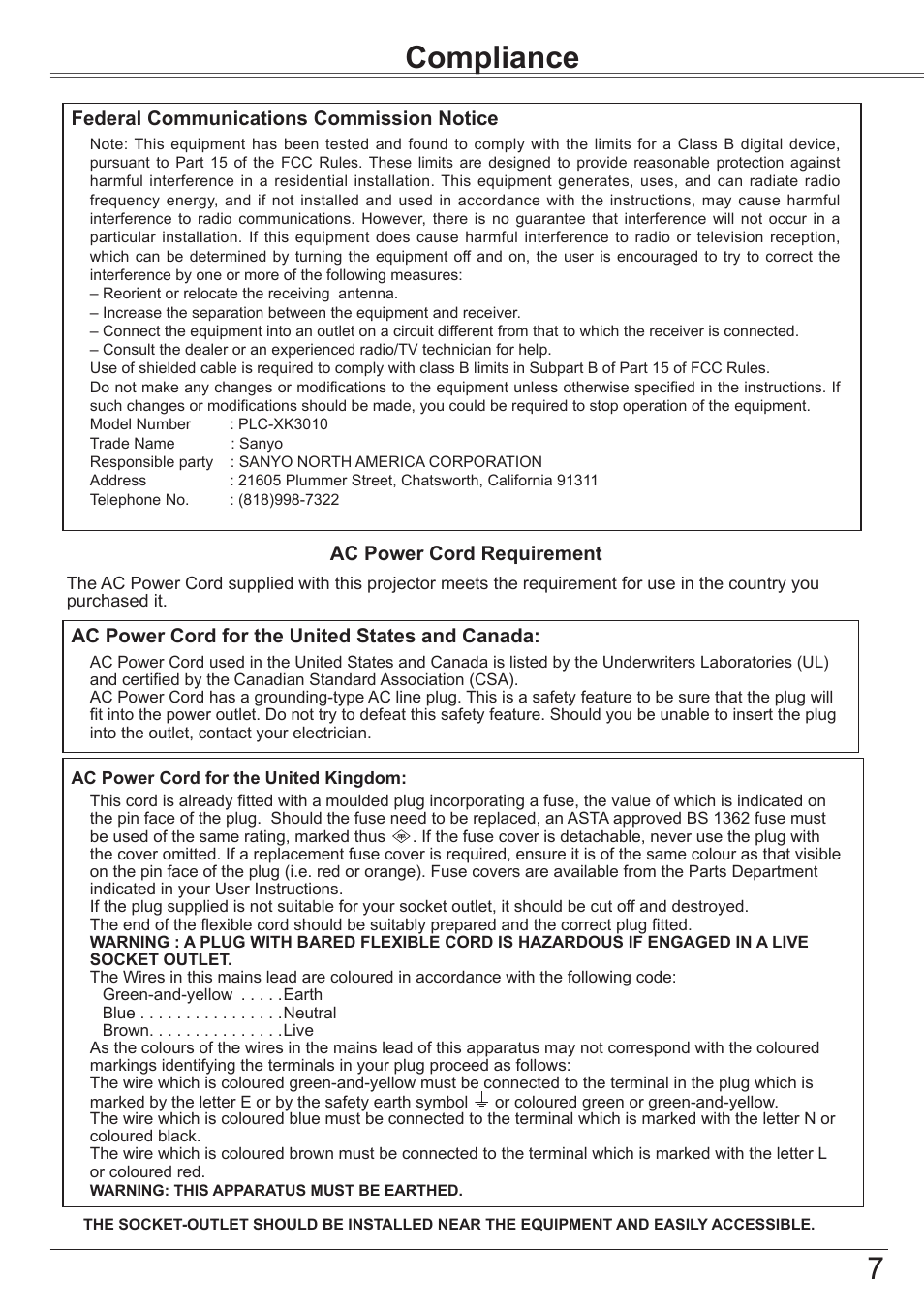 Compliance, 7compliance | Sanyo PLC-XK3010 User Manual | Page 7 / 77