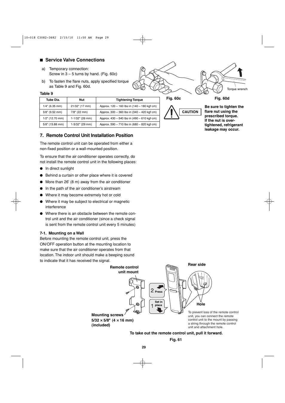 Remote control unit installation position, Service valve connections | Sanyo C3682 User Manual | Page 102 / 104