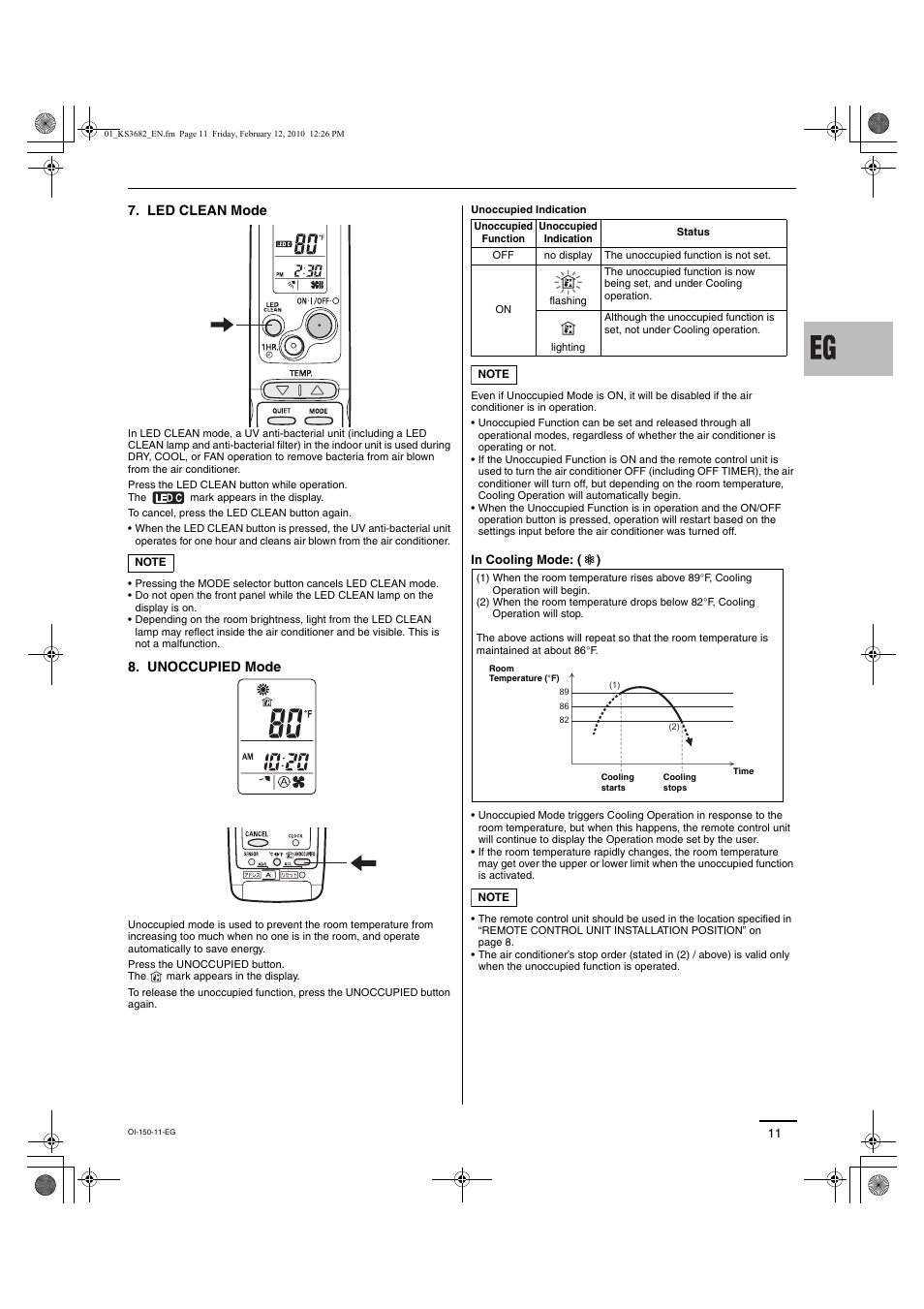 Led clean mode, Unoccupied mode | Sanyo C3682 User Manual | Page 66 / 104