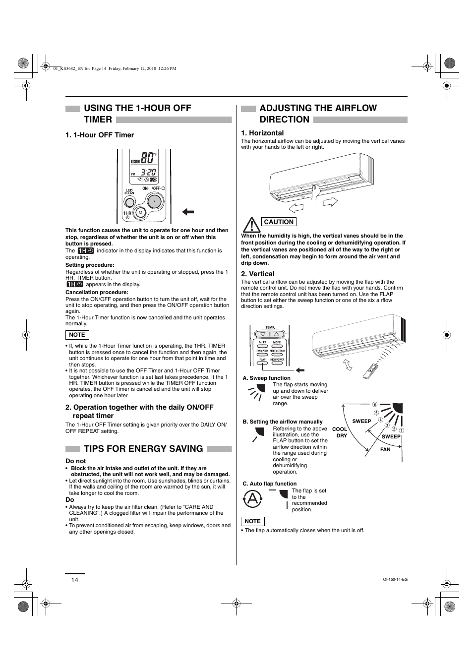 Using the 1-hour off timer, Tips for energy saving, Adjusting the airflow direction | Sanyo C3682 User Manual | Page 69 / 104