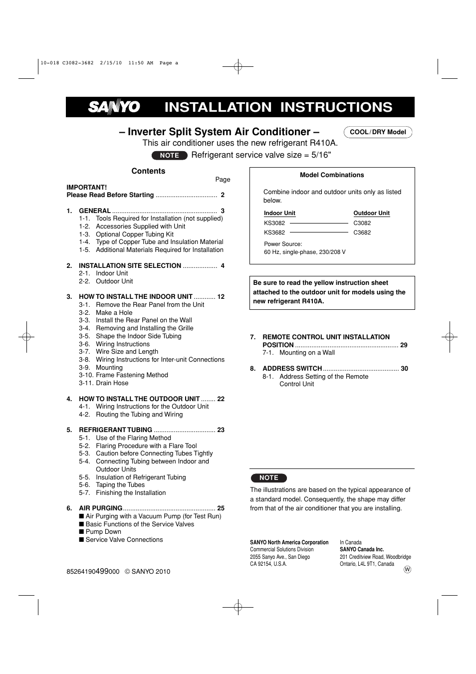 Installation instructions, Inverter split system air conditioner | Sanyo C3682 User Manual | Page 74 / 104