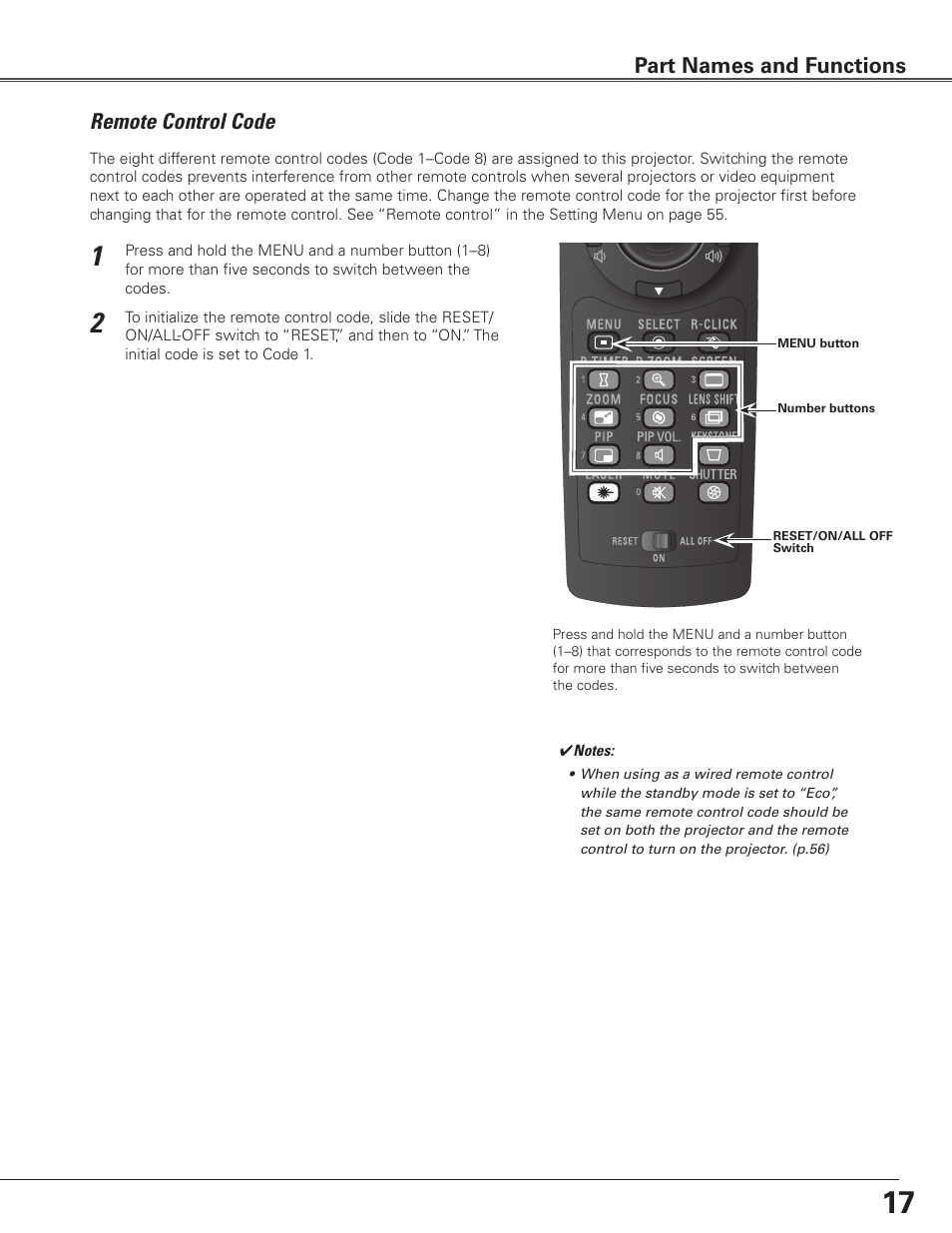 Remote control code, Part names and functions | Sanyo PLC WTC500L User Manual | Page 17 / 89