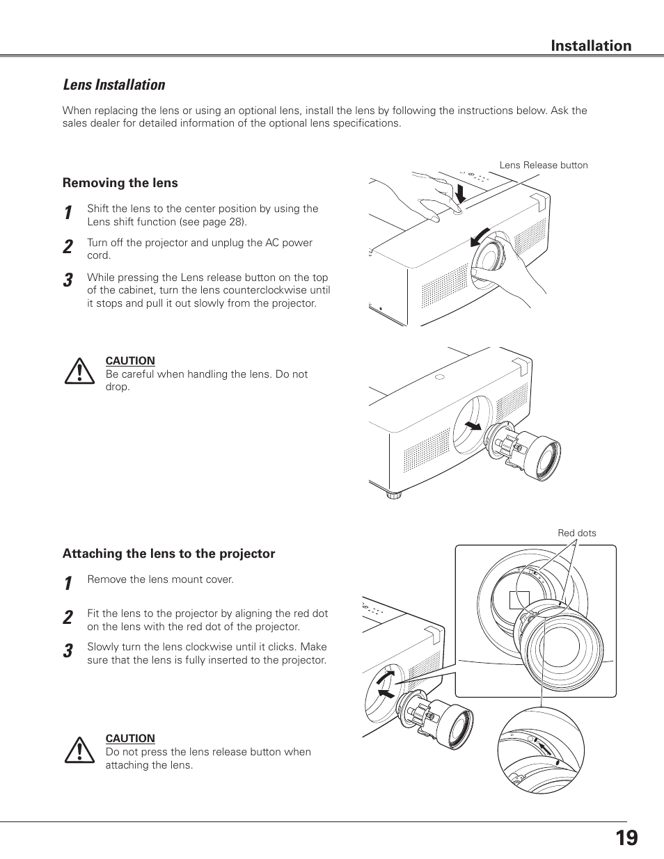 Lens installation | Sanyo PLC WTC500L User Manual | Page 19 / 89