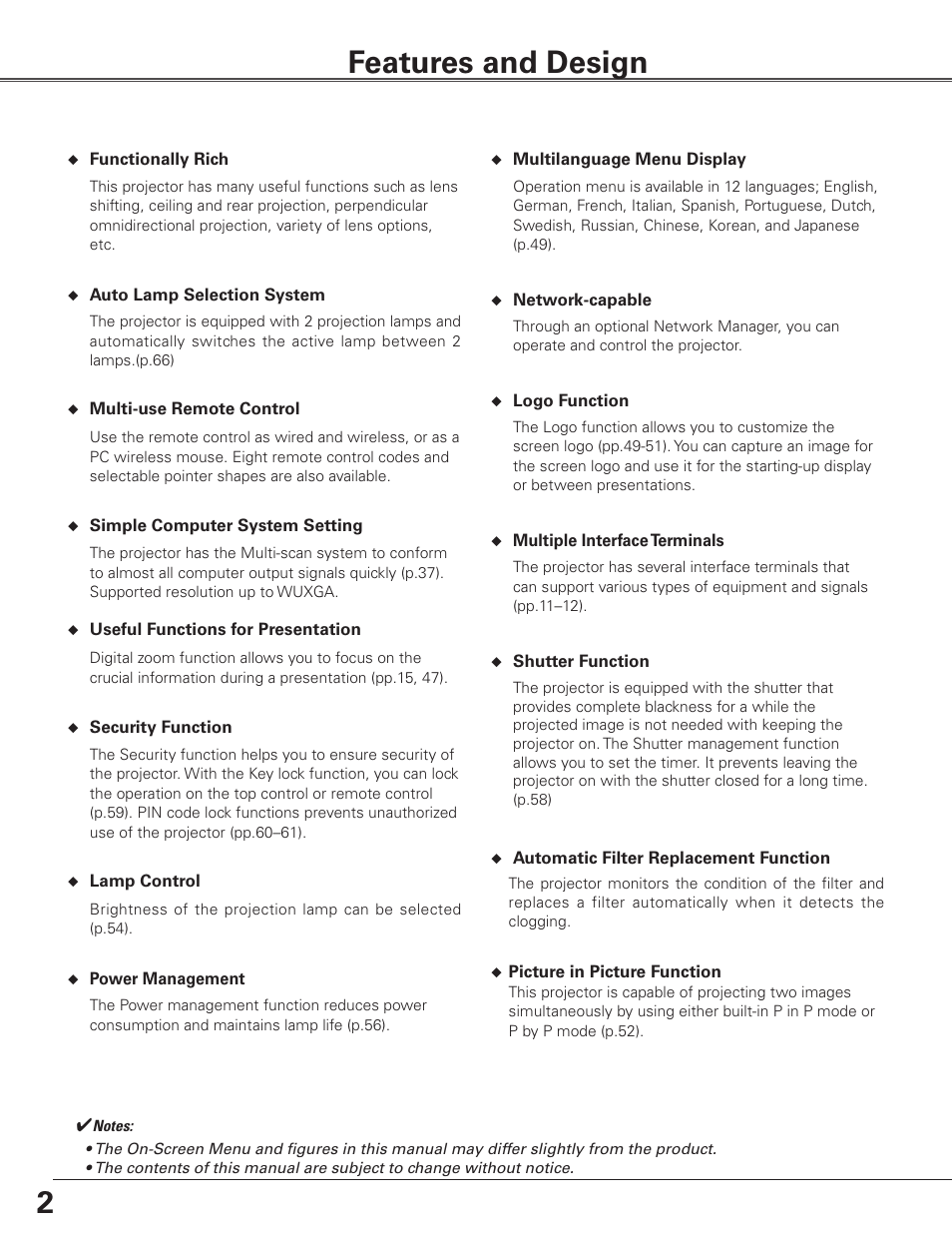 Features and design | Sanyo PLC WTC500L User Manual | Page 2 / 89