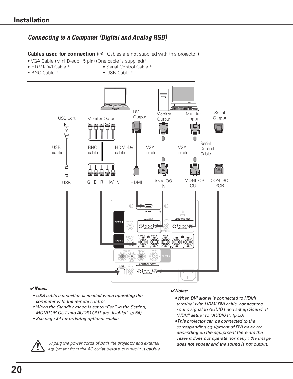 Connecting to a computer (digital and analog rgb), Installation | Sanyo PLC WTC500L User Manual | Page 20 / 89