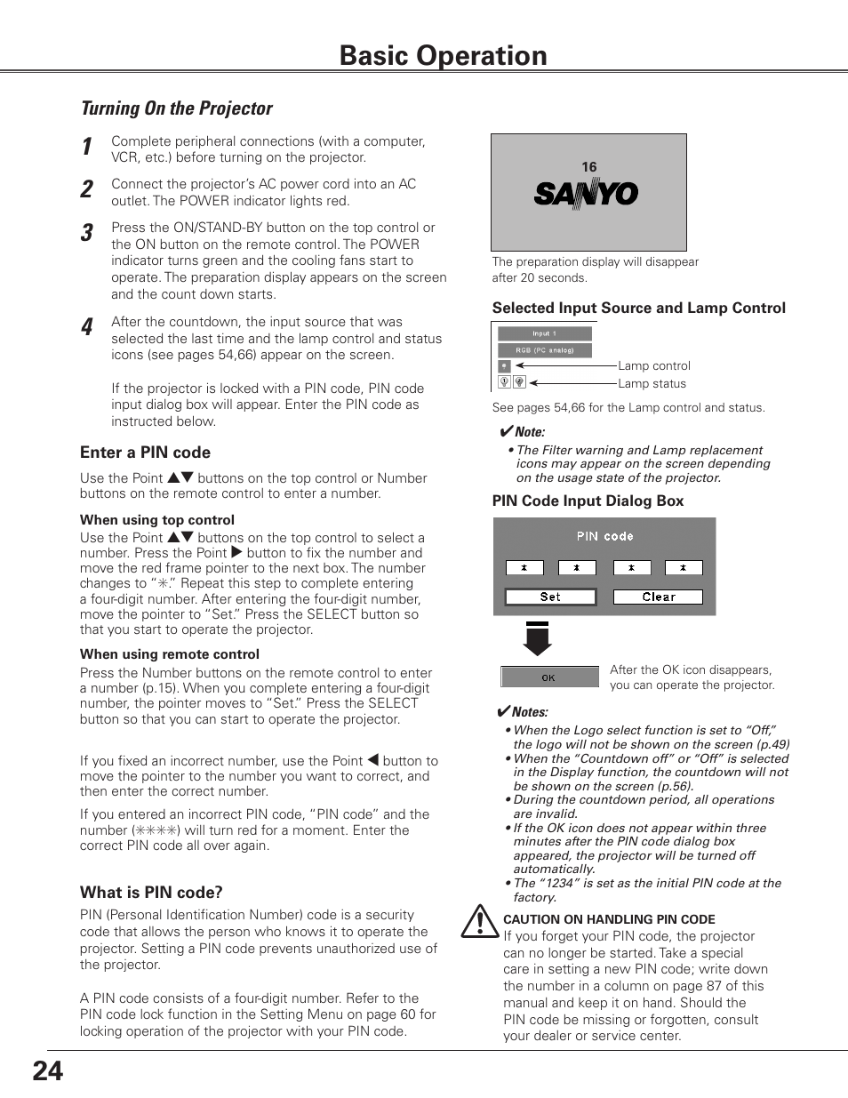 Basic operation, Turning on the projector, 24 basic operation | Sanyo PLC WTC500L User Manual | Page 24 / 89