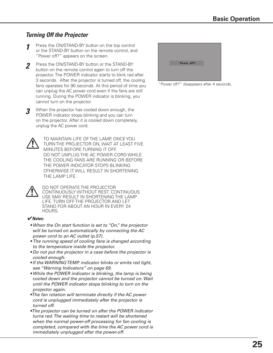 Turning off the projector, Basic operation | Sanyo PLC WTC500L User Manual | Page 25 / 89