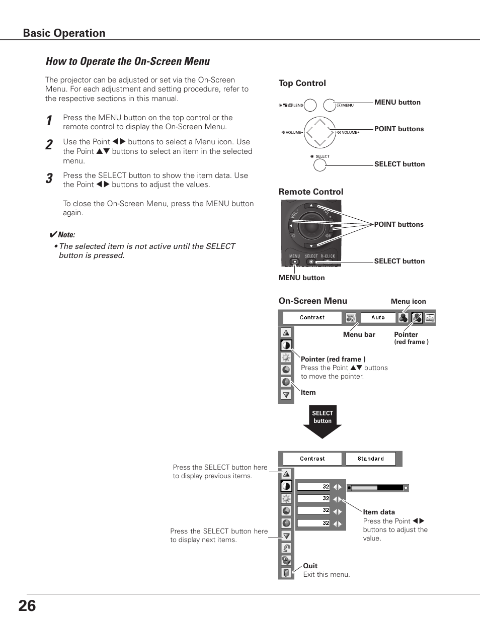 How to operate the on-screen menu, Basic operation | Sanyo PLC WTC500L User Manual | Page 26 / 89