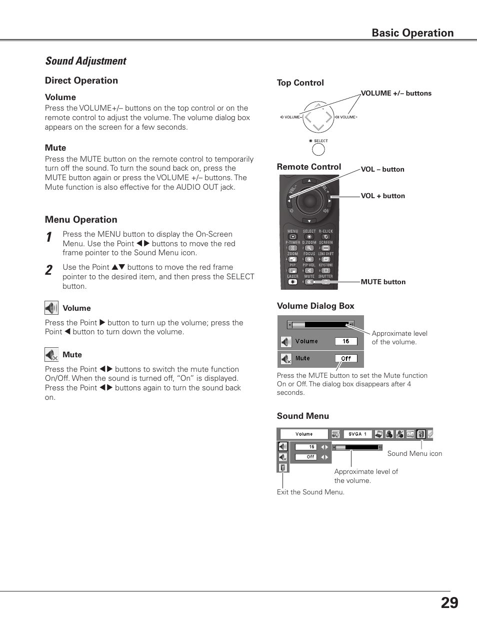 Sound adjustment, Basic operation | Sanyo PLC WTC500L User Manual | Page 29 / 89