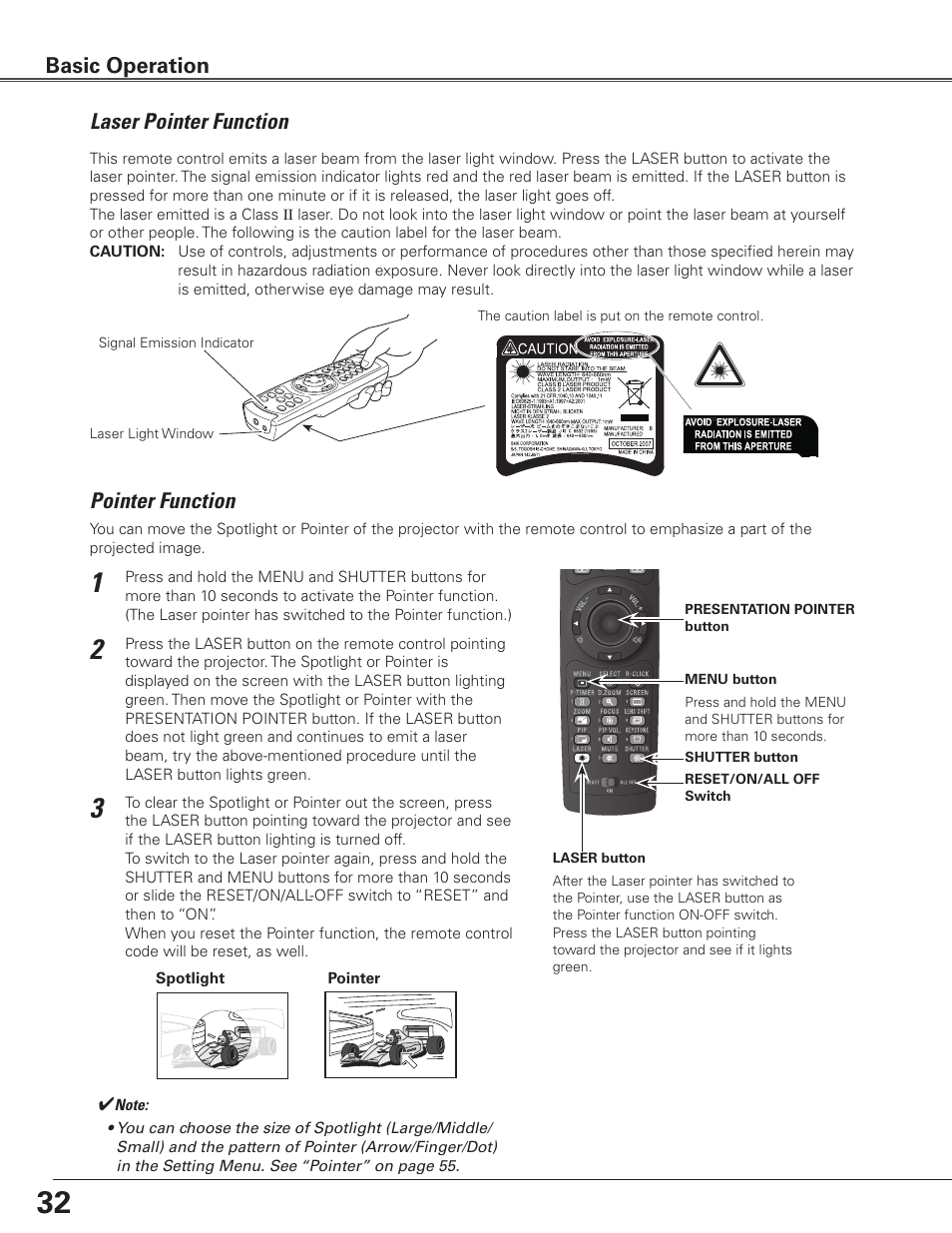 Laser pointer function, Pointer function, Basic operation | Sanyo PLC WTC500L User Manual | Page 32 / 89