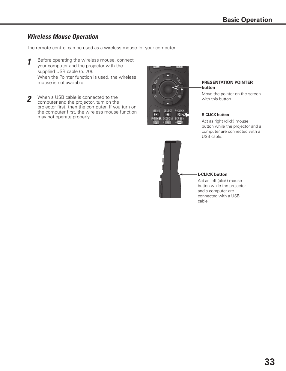 Wireless mouse operation, Basic operation | Sanyo PLC WTC500L User Manual | Page 33 / 89