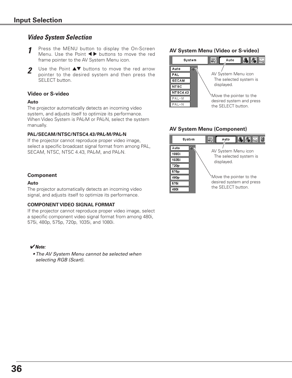 Video system selection, Input selection | Sanyo PLC WTC500L User Manual | Page 36 / 89