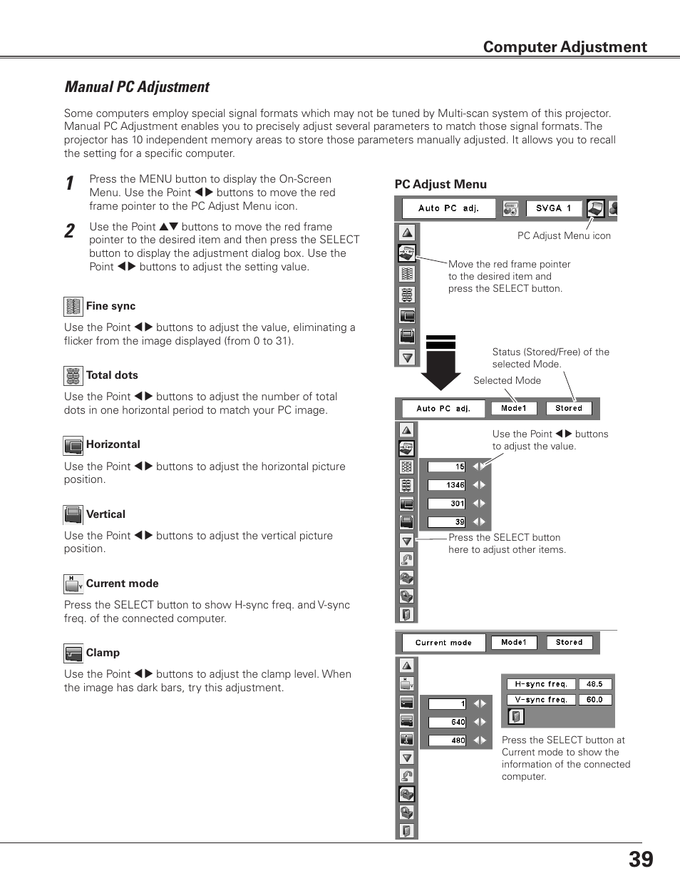 Manual pc adjustment, Computer adjustment | Sanyo PLC WTC500L User Manual | Page 39 / 89