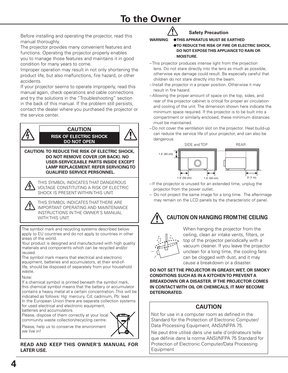 To the owner, Caution, Caution on hanging from the ceiling | Sanyo PLC WTC500L User Manual | Page 4 / 89