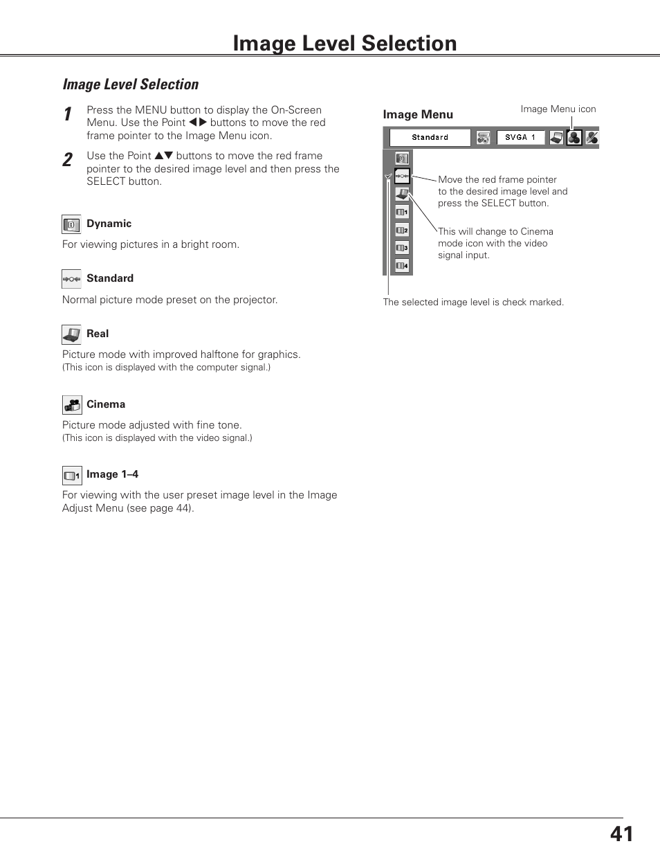 Image level selection | Sanyo PLC WTC500L User Manual | Page 41 / 89