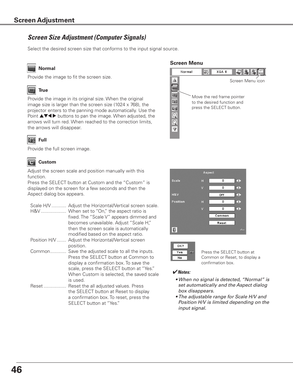 Screen size adjustment (computer signals), Screen adjustment | Sanyo PLC WTC500L User Manual | Page 46 / 89