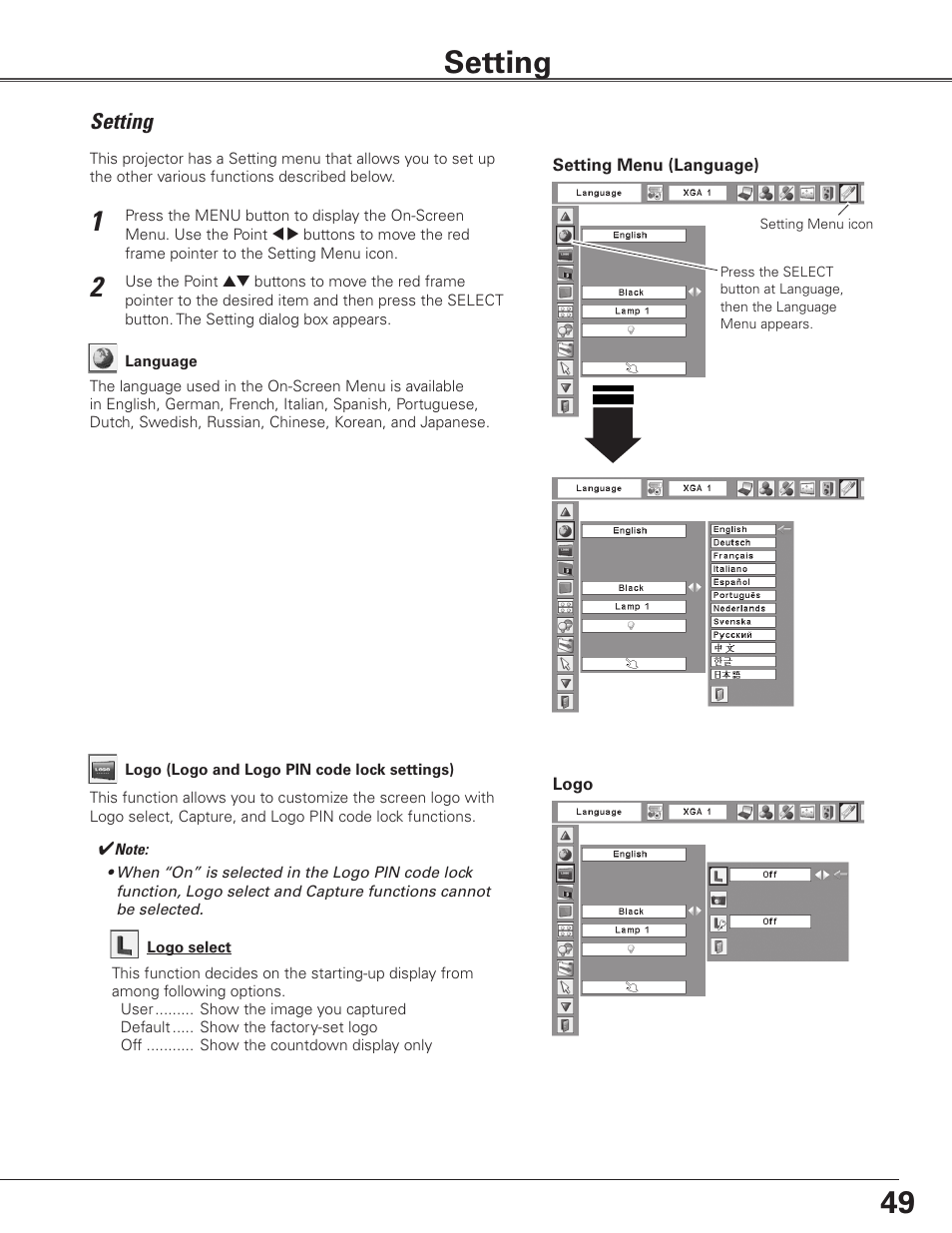 Setting | Sanyo PLC WTC500L User Manual | Page 49 / 89