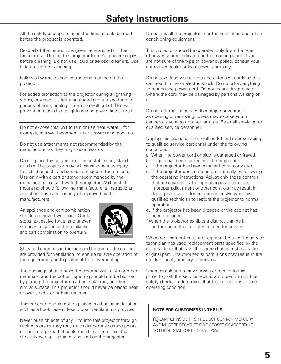 Safety instructions | Sanyo PLC WTC500L User Manual | Page 5 / 89