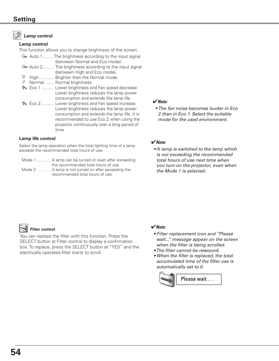 Setting | Sanyo PLC WTC500L User Manual | Page 54 / 89