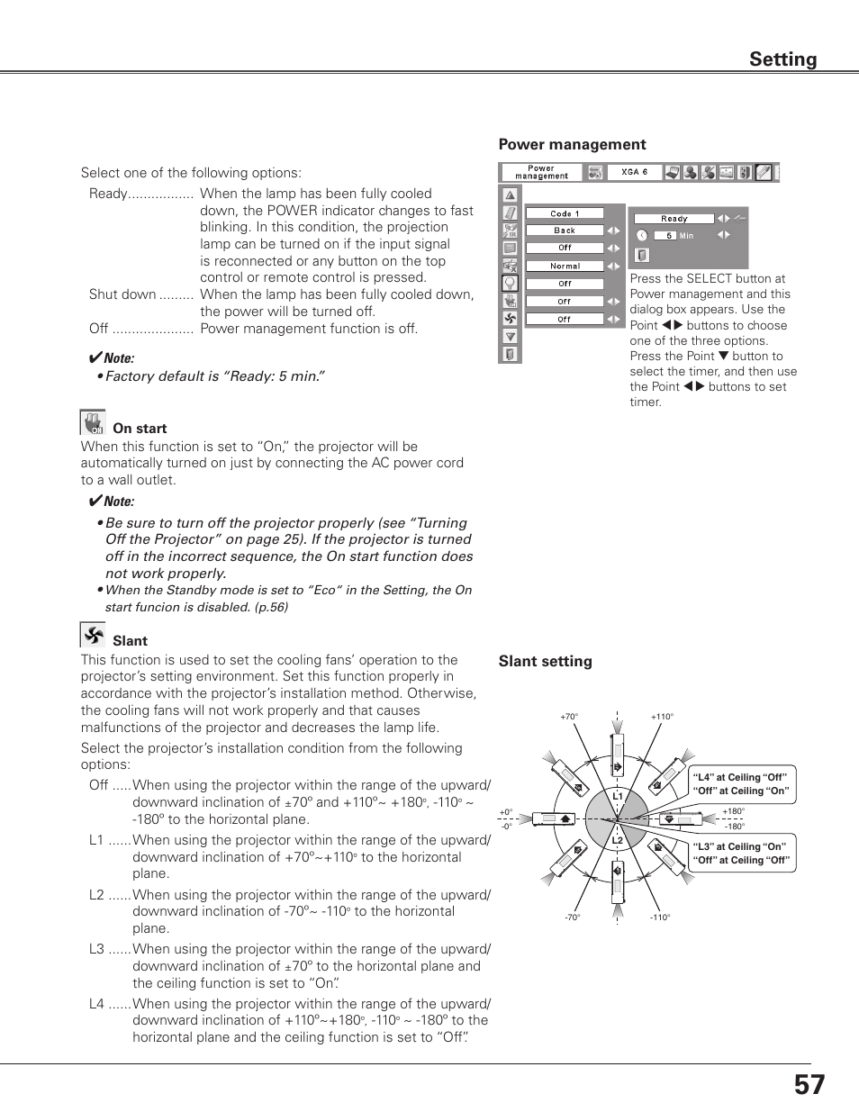 Setting, Power management, Slant setting | Sanyo PLC WTC500L User Manual | Page 57 / 89