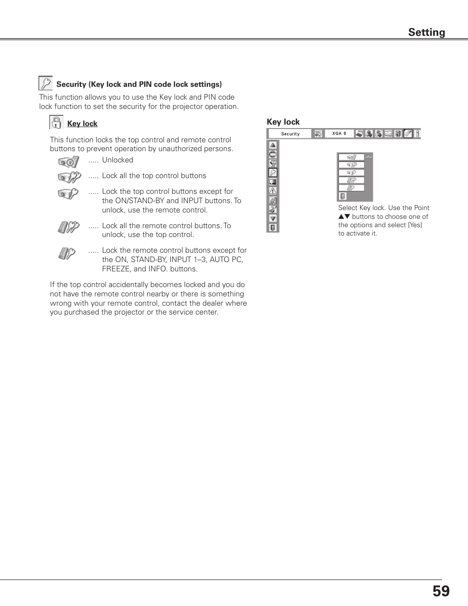 Setting | Sanyo PLC WTC500L User Manual | Page 59 / 89