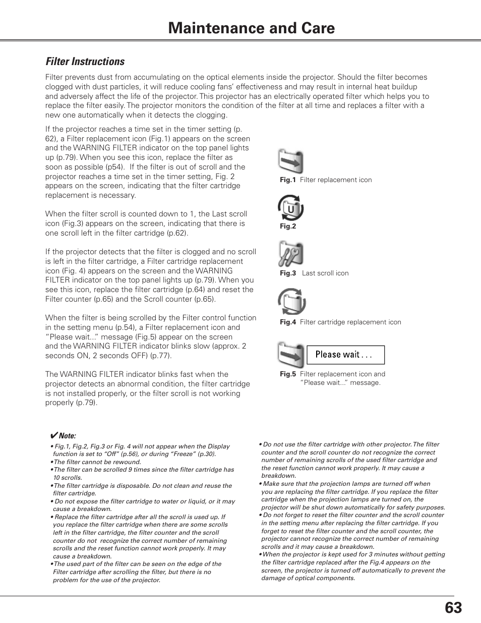 Maintenance and care, Filter instructions, 63 maintenance and care | Sanyo PLC WTC500L User Manual | Page 63 / 89