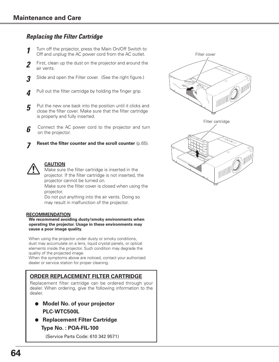 Replacing the filter cartridge, Maintenance and care | Sanyo PLC WTC500L User Manual | Page 64 / 89